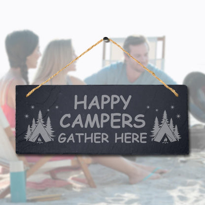 Happy Campers Gather Here Laser Engraved Hanging Slate Camping Decor Plaque Sign