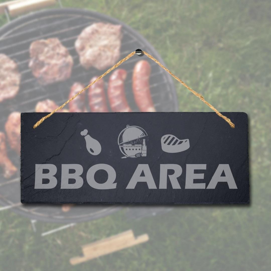 Bbq Area Laser Engraved Hanging Slate Cooking Food Party Home Decor Plaque Sign