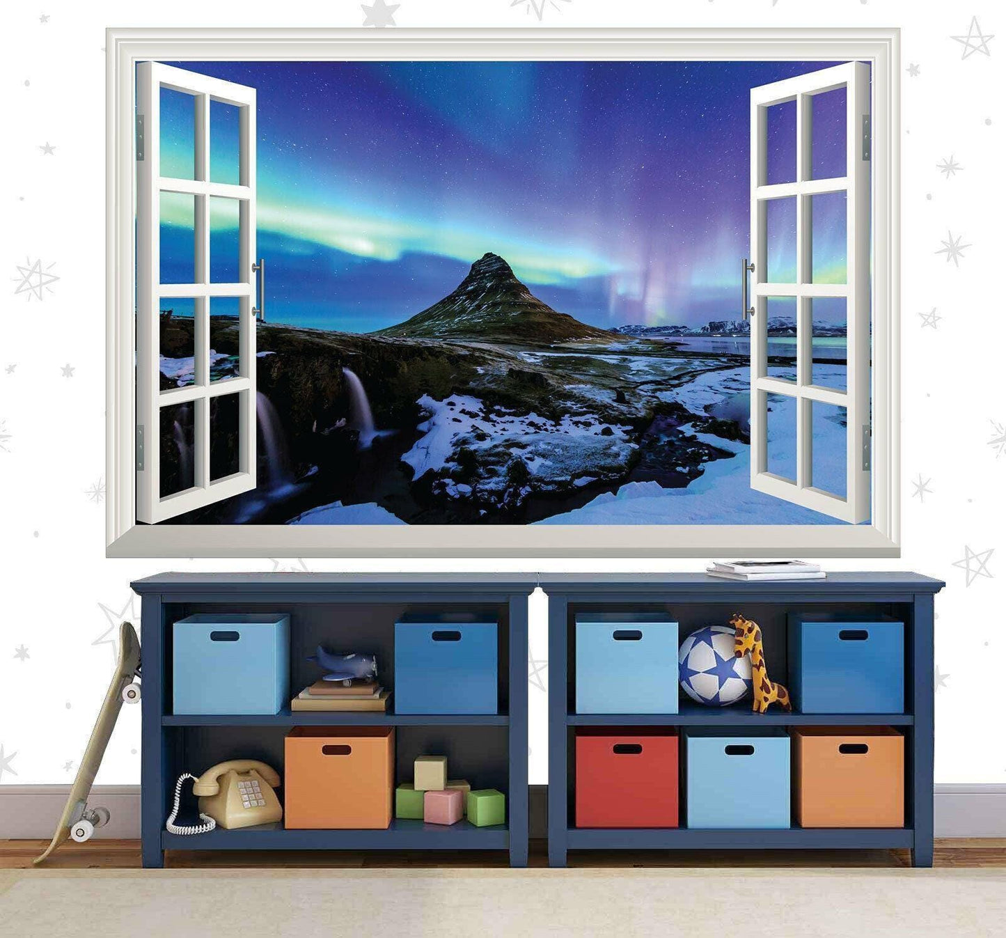 Northern Lights 3D Window View Wall Decal: Aurora Scenic Mural