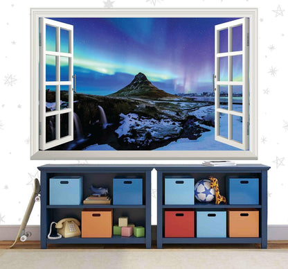 Northern Lights 3D Window View Wall Decal: Aurora Scenic Mural