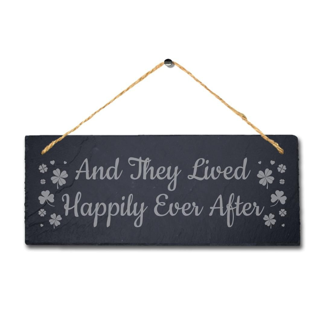 They Lived Happily Laser Engraved Hanging Slate Wedding Venue Party Plaque Sign