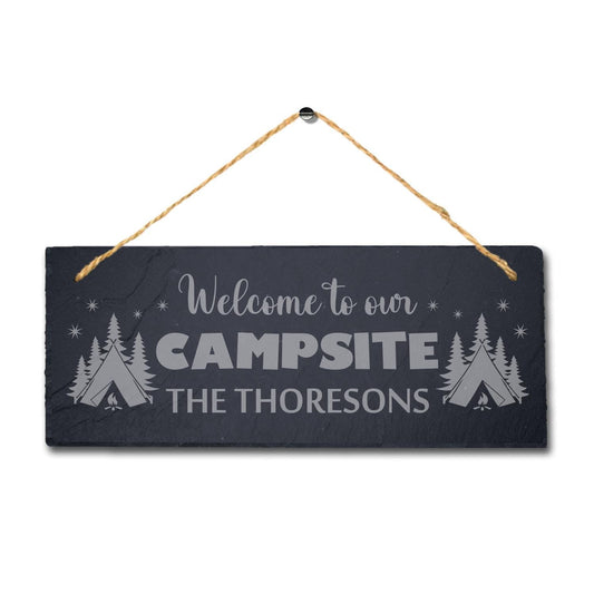 Our Campsite Thoresons Laser Engraved Hanging Slate Camping Fun Gift Plaque Sign