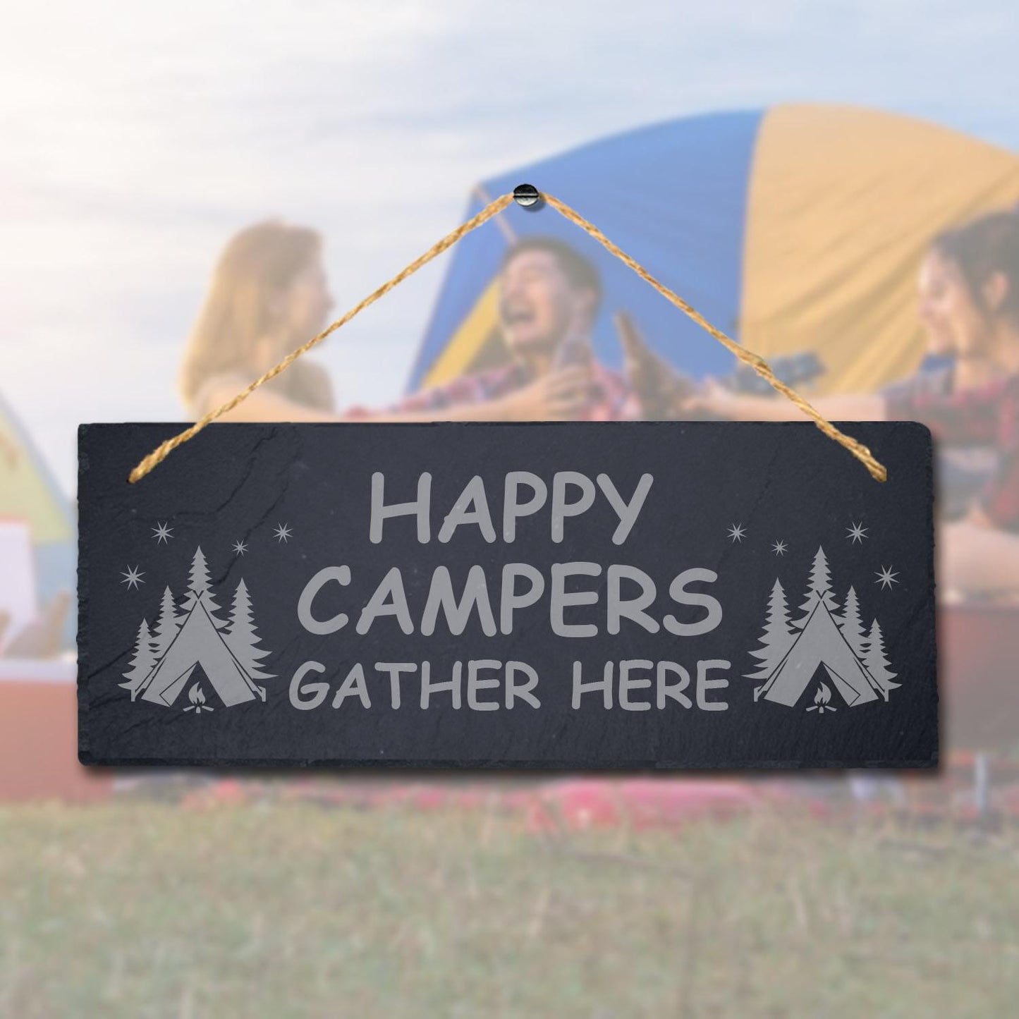 Happy Campers Gather Here Laser Engraved Hanging Slate Camping Decor Plaque Sign