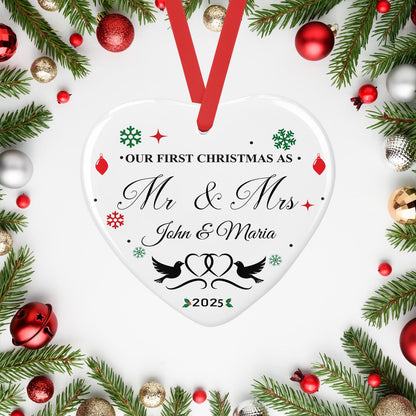 Personalised Mr & Mrs Ceramic Bauble: First Christmas Keepsake