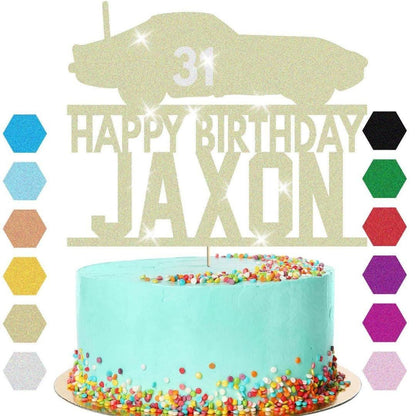 Personalised Glitter Card Racing Car Cake Topper: Birthday Decoration with Any Name and Age