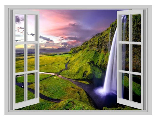 Iceland Waterfall 3D Window View Wall Decal: Vinyl Mural (45cm x 60cm)