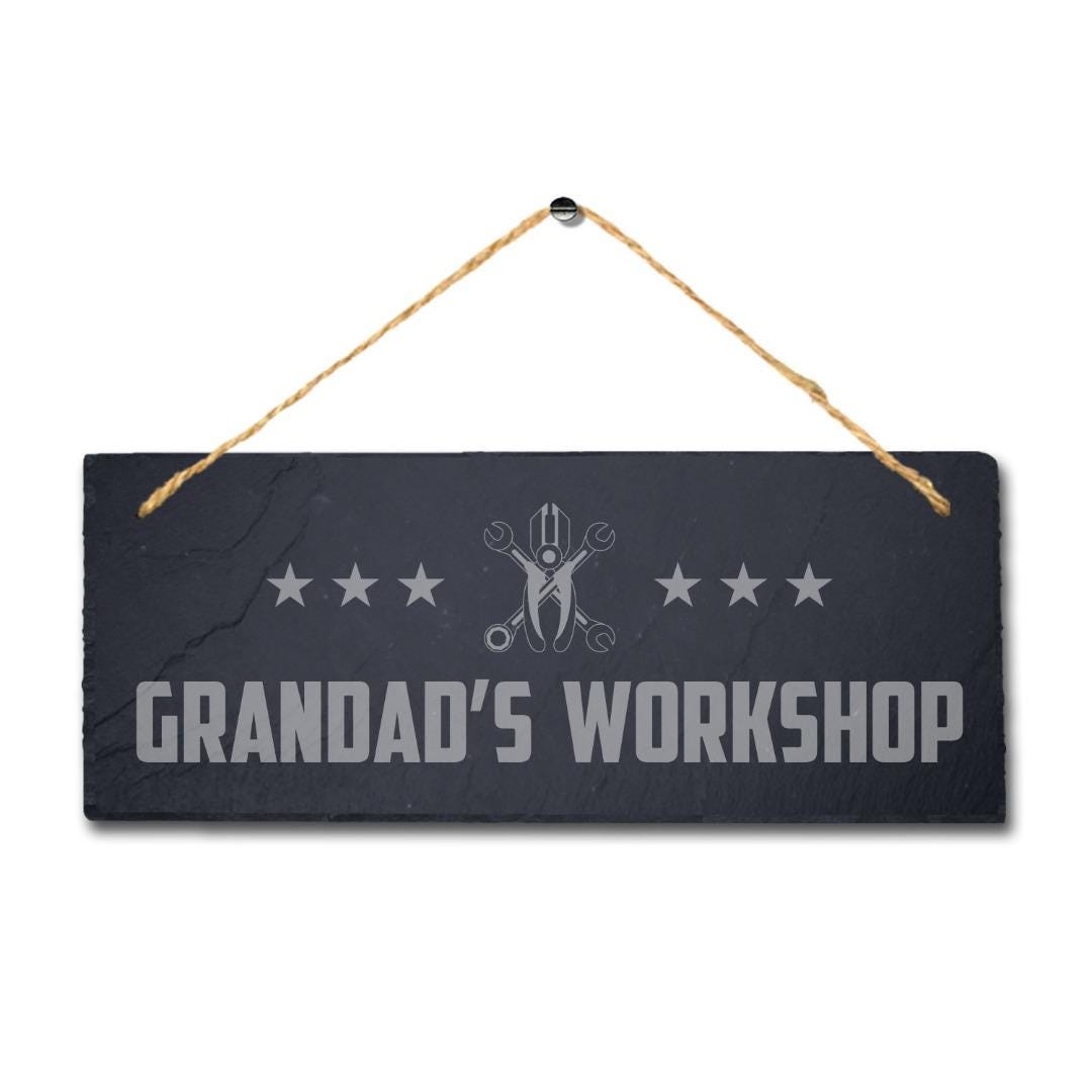 Grandads Workshop Laser Engraved Hanging Slate Shed Workshop Plaque Sign