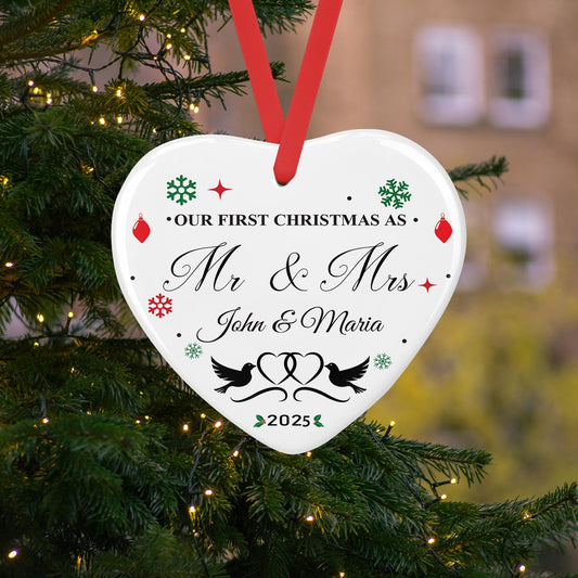 Personalised Mr & Mrs Ceramic Bauble: First Christmas Keepsake