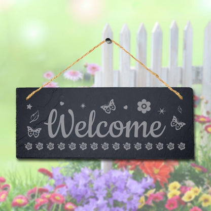 Welcome Butterfly Pattern Laser Engraved Hanging Slate Home Decor Plaque Sign