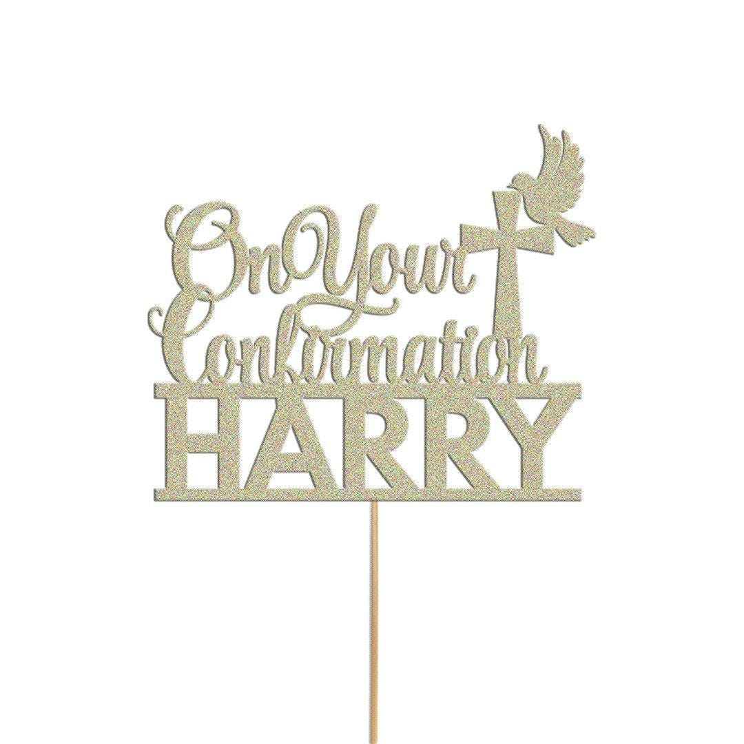 Personalised Glitter Confirmation Cake Topper: Dove, Cross, Any Name