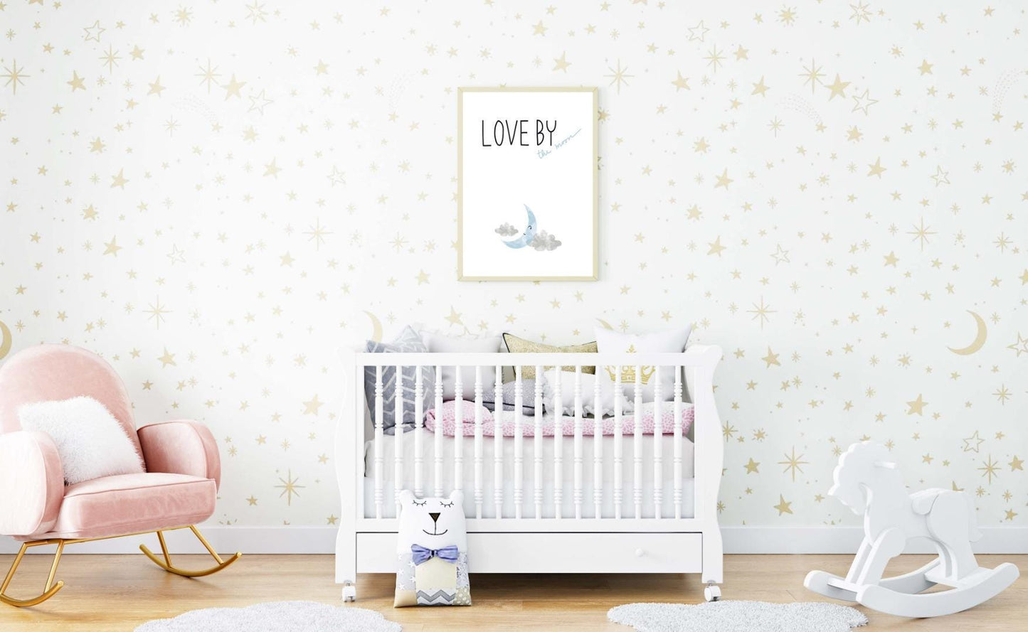 Love The Moon Kids Boho Watercolour Hand Painted Effect Nursery Wall Art Poster