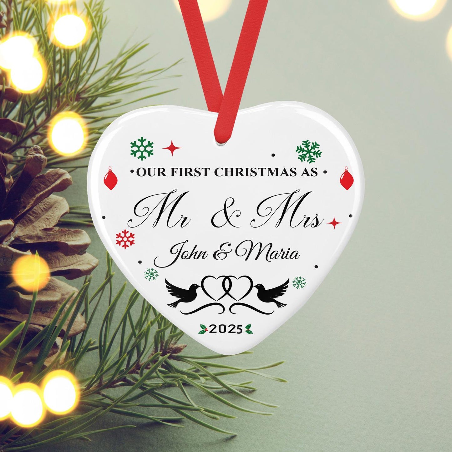 Personalised Mr & Mrs Ceramic Bauble: First Christmas Keepsake