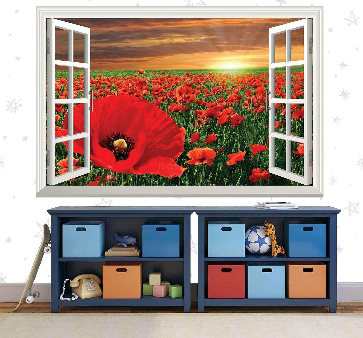 Poppy Field 3D Window View Wall Decal: Sunset Vinyl Mural