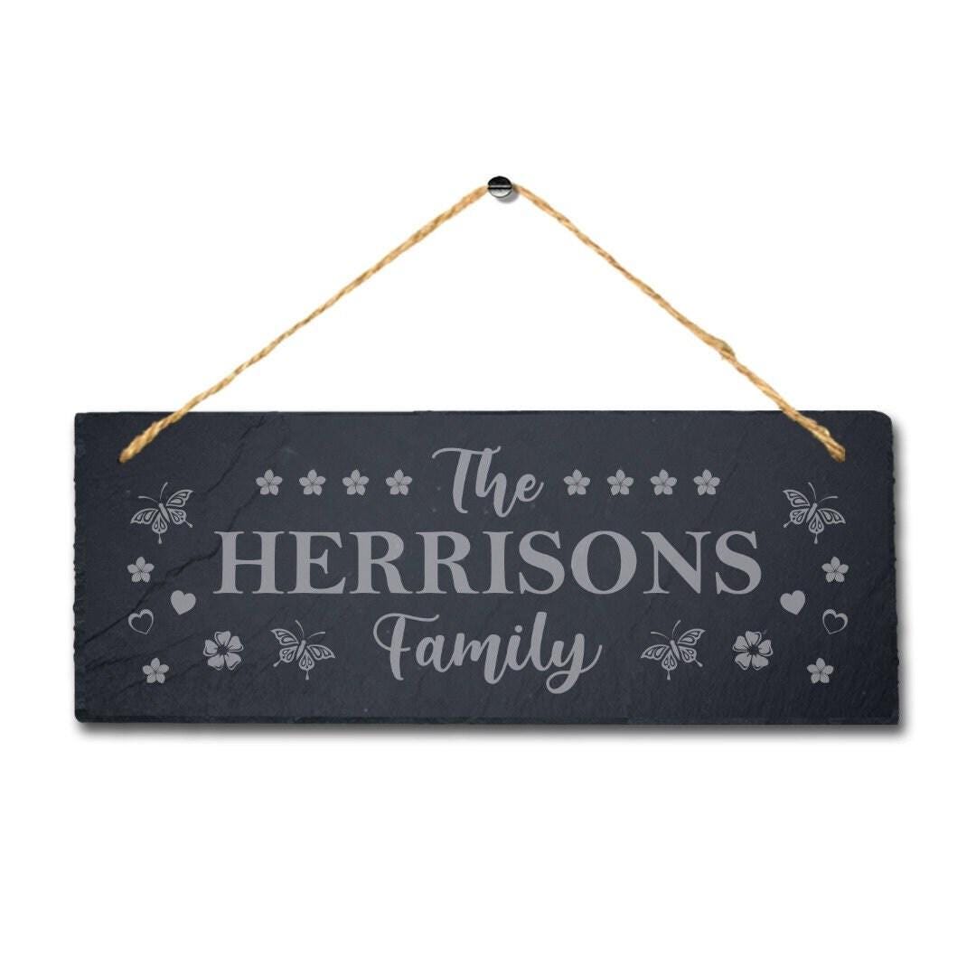 Personalised Family Name Hanging Slate Laser Engraved Home Wall Art Plaque Sign