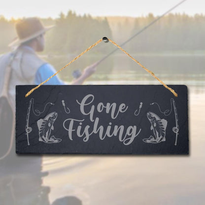 Gone Fishing Laser Engraved Hanging Slate Beach Sea Fishing Point Plaque Sign