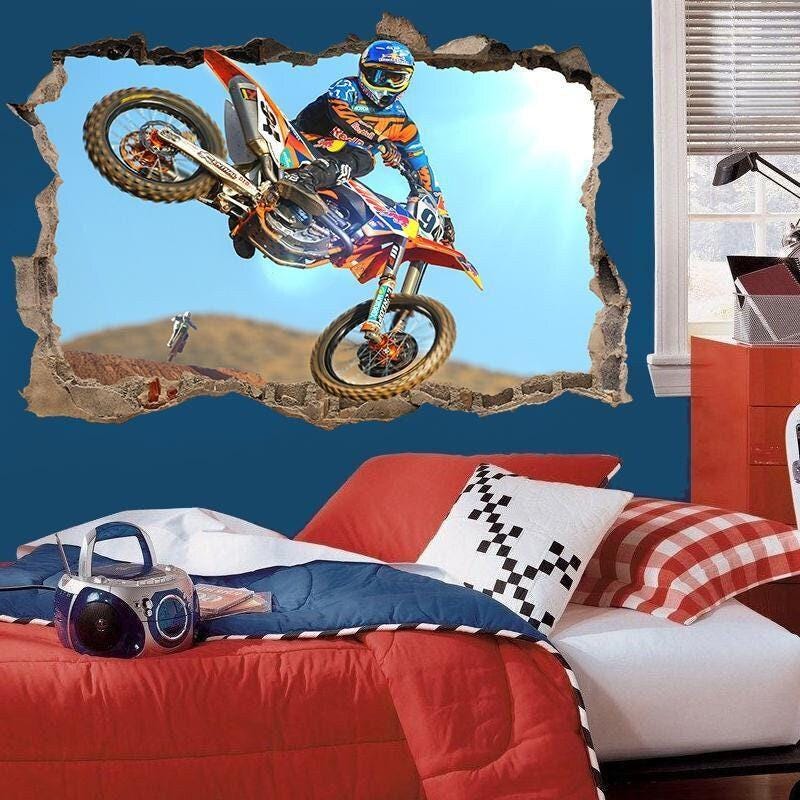 Motocross Bike Stunt Dirt Racing 3d Crack Effect Wall Sticker Poster Bedroom Vinyl