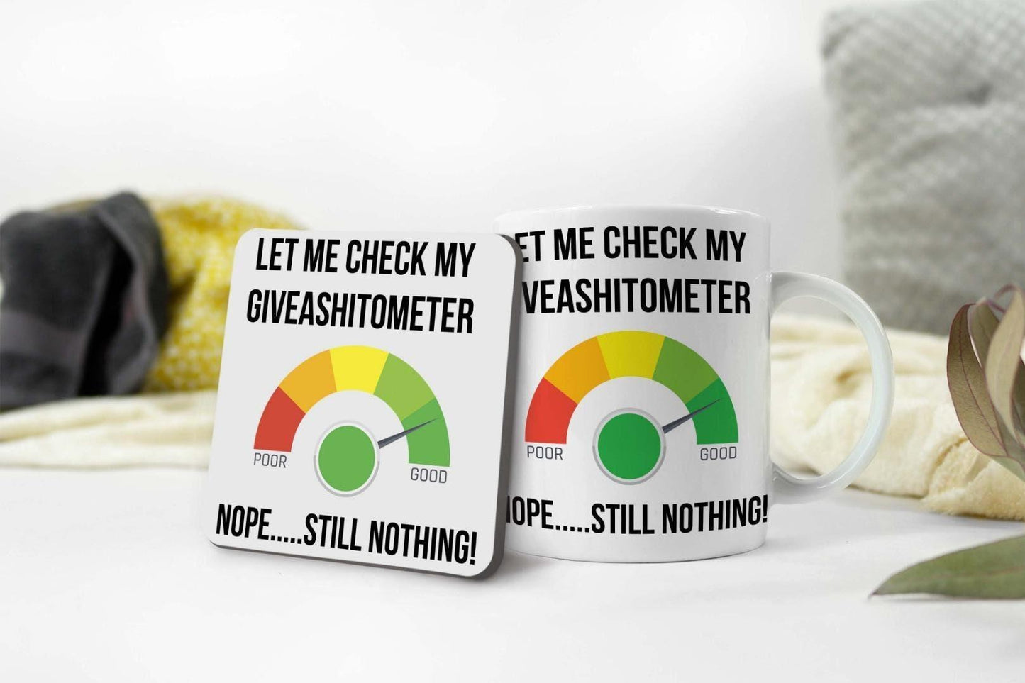 Giveashitometer Mug & Coaster Set: Funny Novelty Office Gift