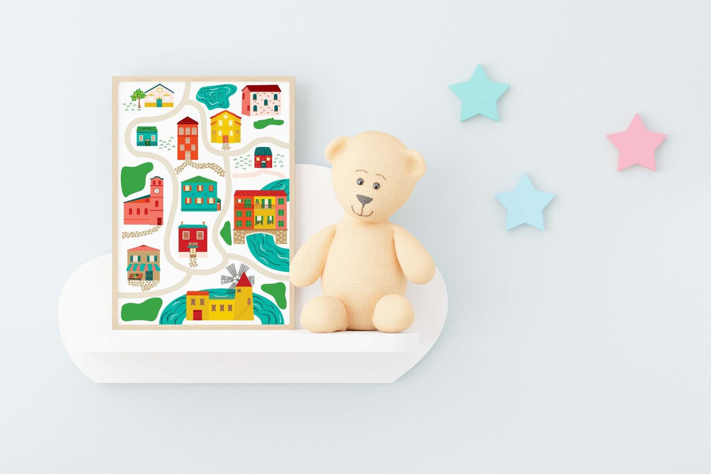 Village Map Kids Boho Watercolour Hand Painted Effect Nursery Wall Art Poster