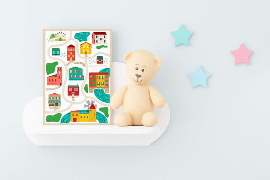 Village Map Kids Boho Watercolour Hand Painted Effect Nursery Wall Art Poster