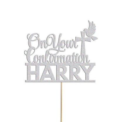 Personalised Glitter Confirmation Cake Topper: Dove, Cross, Any Name