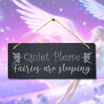 Quiet Please Fairies Are Sleeping Engraved Hanging Slate Home Decor Plaque Sign