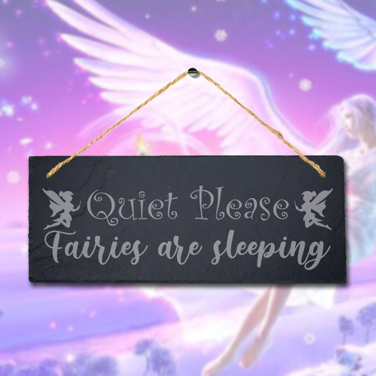 Quiet Please Fairies Are Sleeping Engraved Hanging Slate Home Decor Plaque Sign