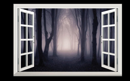 3D Misty Forest Wall Decal: Window View Vinyl Mural