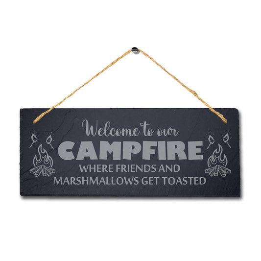 Welcome To Our Campfire Where Friends Marshmellow Engraved Hanging Slate Sign