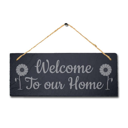 Sunflower Welcome To Our Home Laser Engraved Hanging Slate Home Plaque Sign