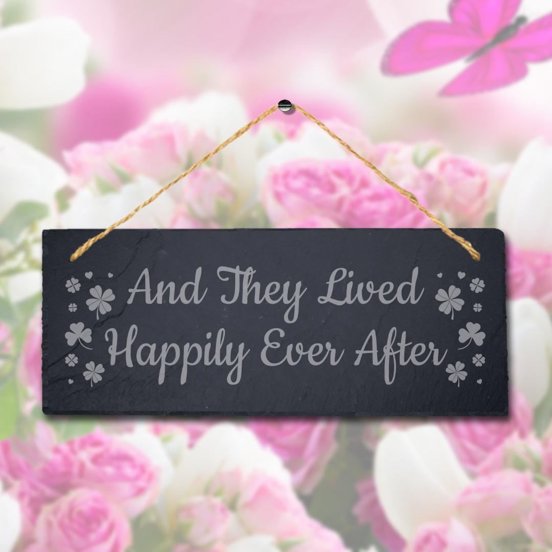 They Lived Happily Laser Engraved Hanging Slate Wedding Venue Party Plaque Sign
