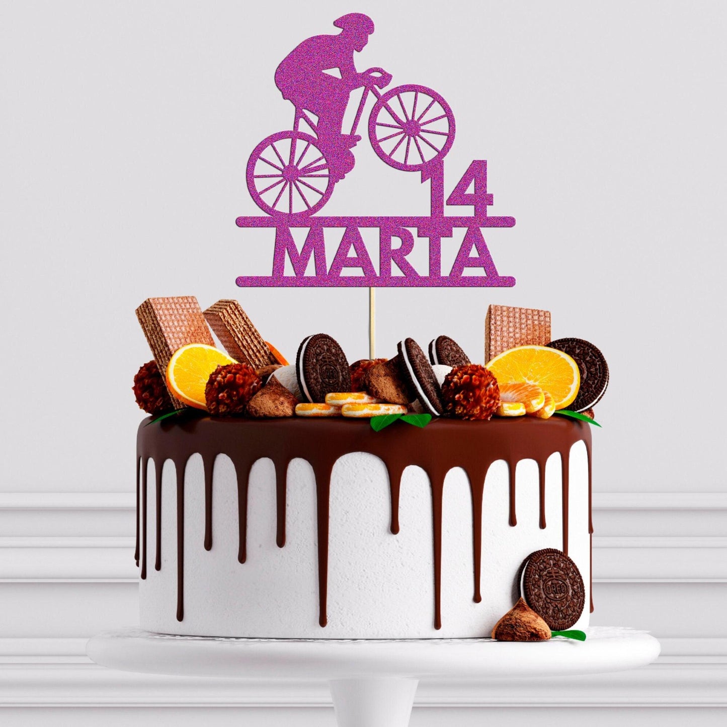 Personalised Bicycle Cake Topper: Glitter Cyclist Birthday Decoration
