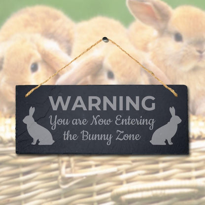 Warning You Are Entering Bunny Zone Engraved Hanging Slate Rabbit Plaque Sign