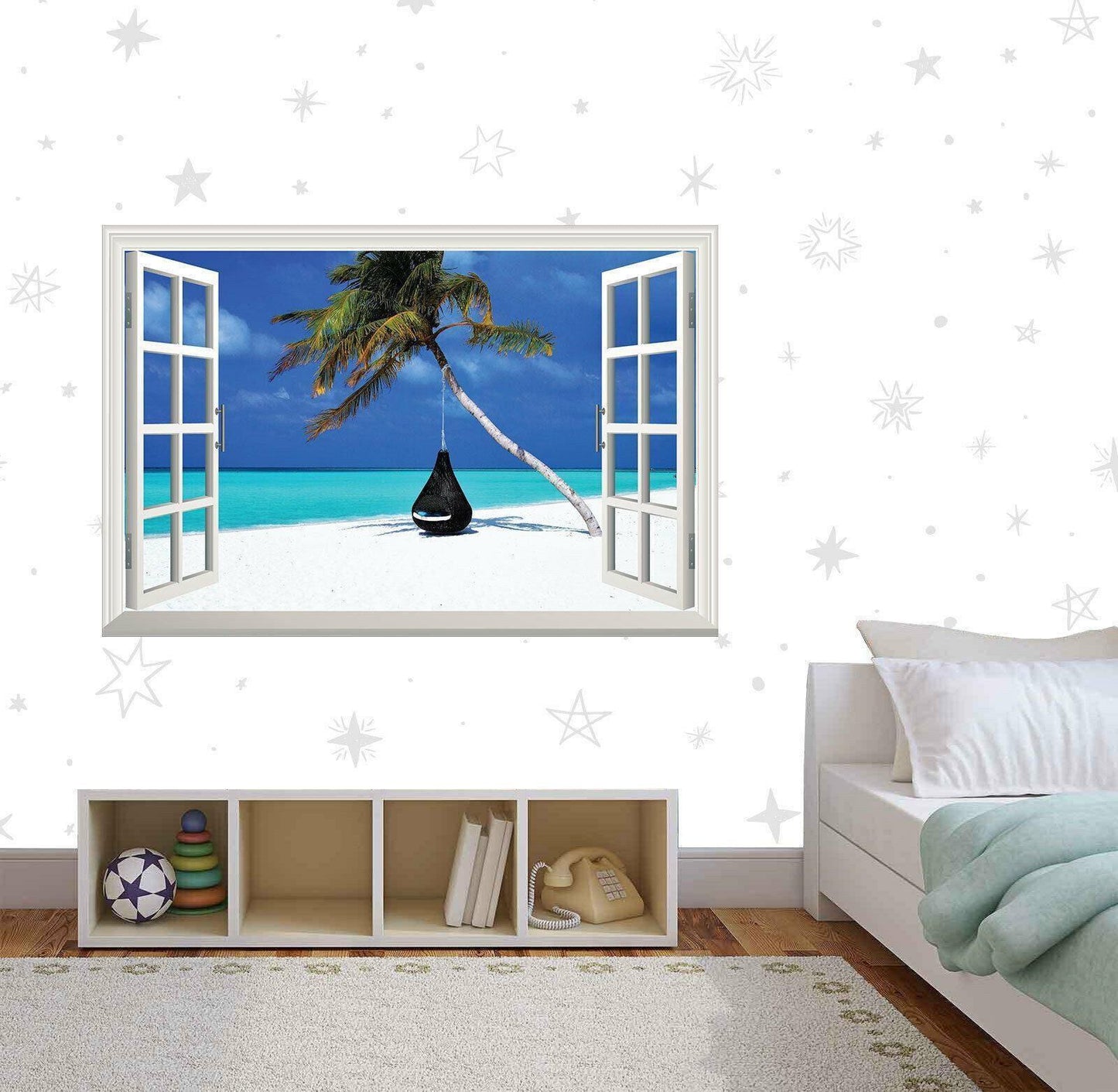 Maldives Beach View Wall Decal: 3D Window, Palma Tree Vinyl Mural