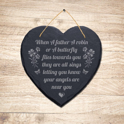 When Father Robin Butterfly Engraved Hanging Memorial Heart Shape Slate Plaque Sign