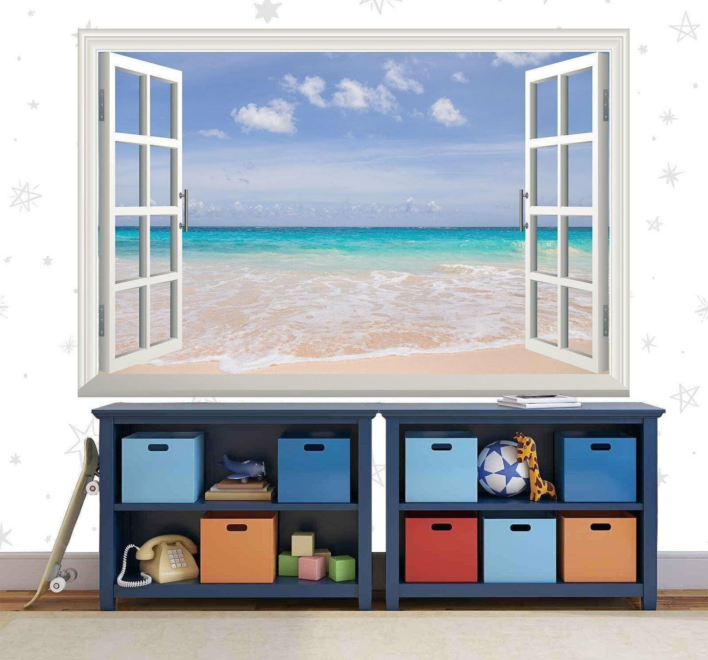Tropical Beach Window View Wall Decal: 3D Sea & Sand Mural