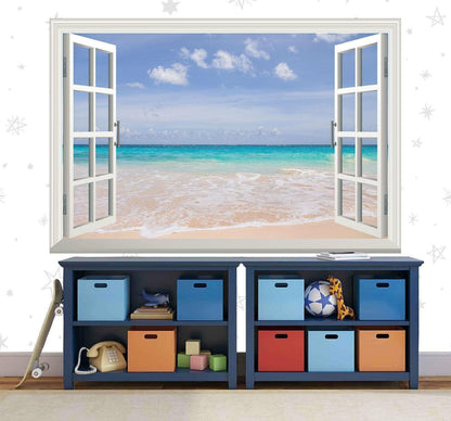 Tropical Beach Window View Wall Decal: 3D Sea & Sand Mural