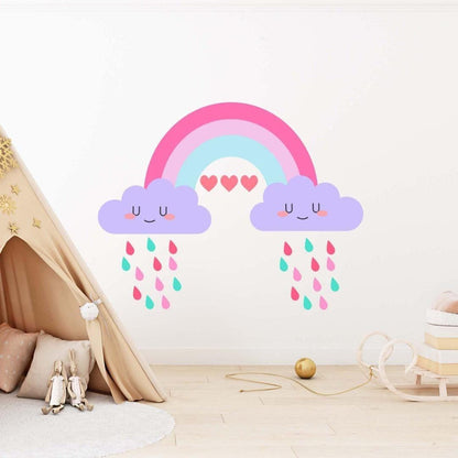 Colourful Rainbow Rain Drops Cloud Face Wall Mural Stickers Nursery Children Bedroom Set