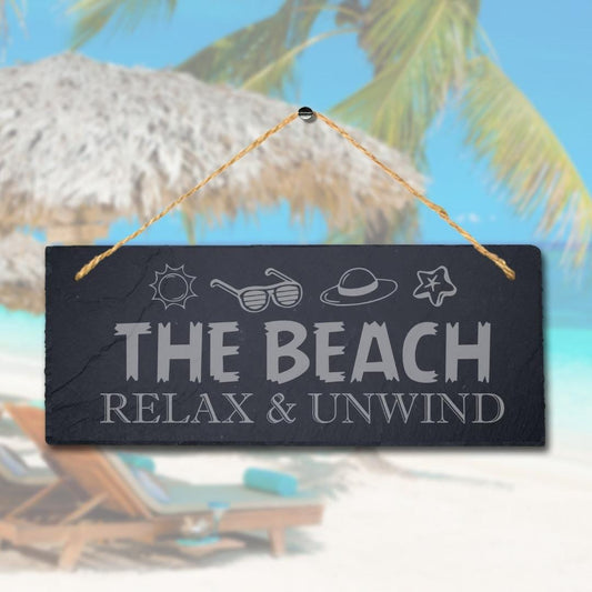 The Beach Relax And Unwind Laser Engraved Hanging Slate Pond Pool Plaque Sign