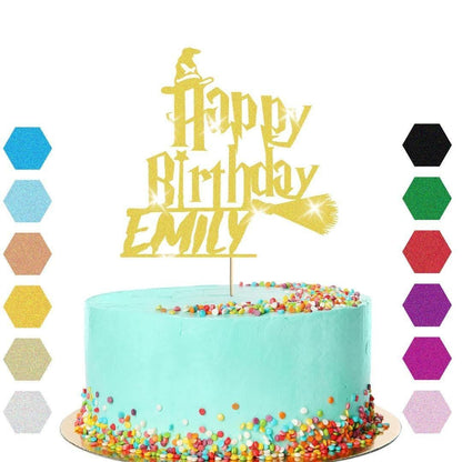 Witch Broomstick Glitter Cake Topper Personalised Halloween Birthday Decoration