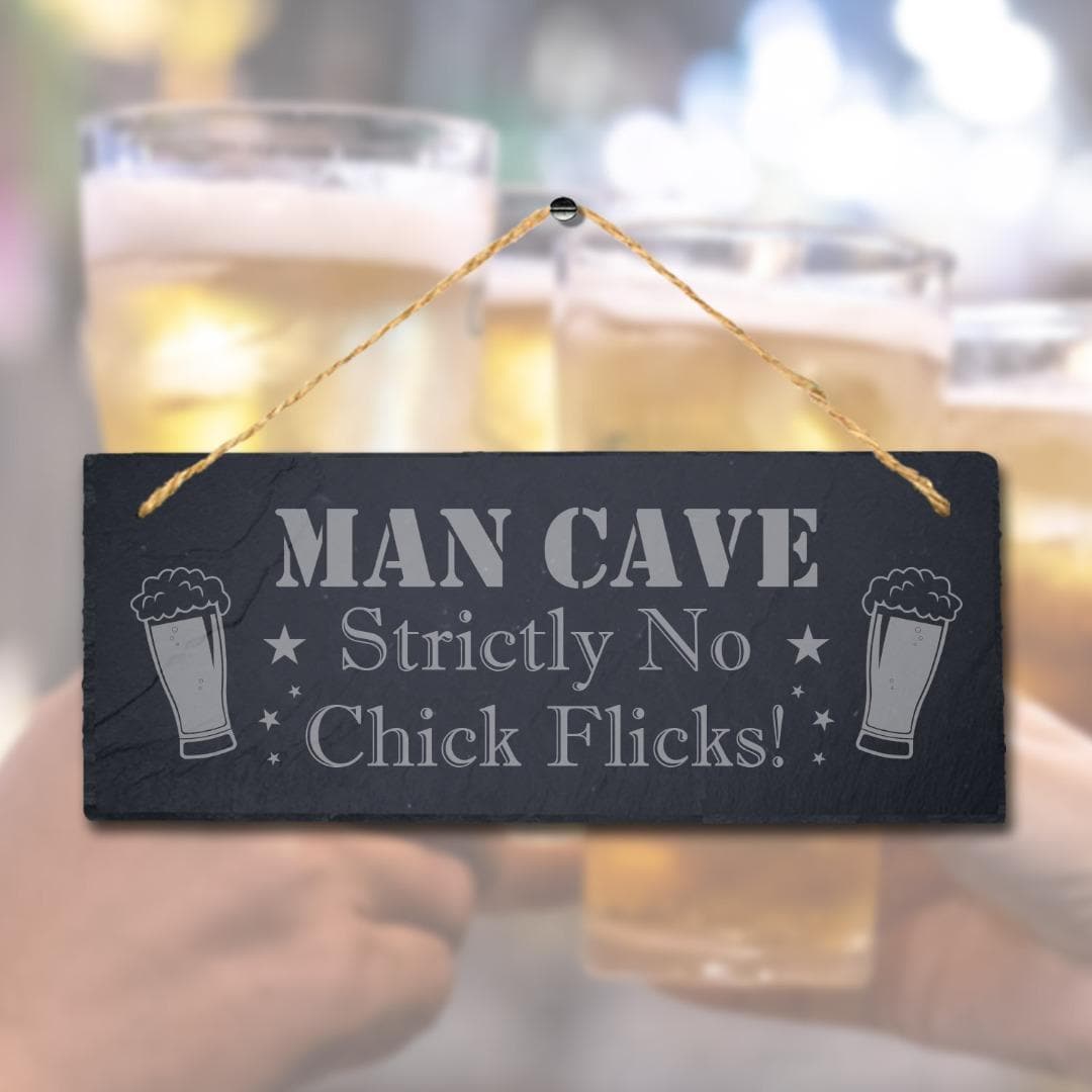 Man Cave Strictly No Chick Flicks Laser Engraved Hanging Slate Pub Shed Plaque Sign