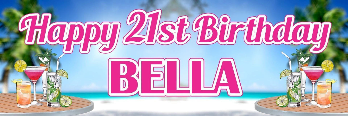 Personalised Beach Birthday Banner: Cocktail Theme, Any Name & Age (Set of 2)