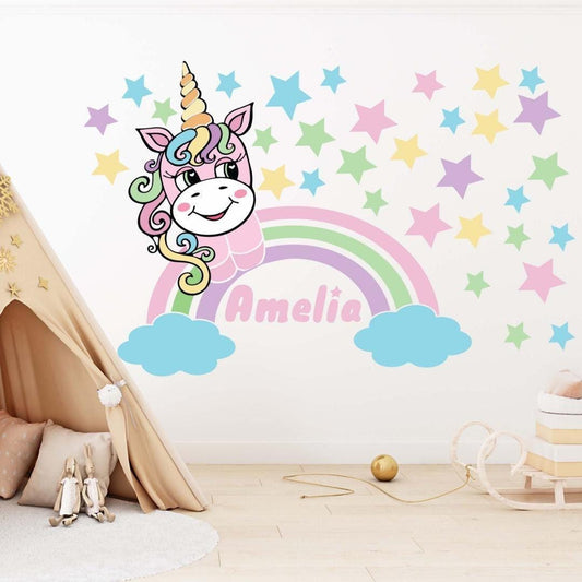 Unicorn Wall Sticker Personalised Name Girls Bedroom Nursery Kids Rainbow Vinyl