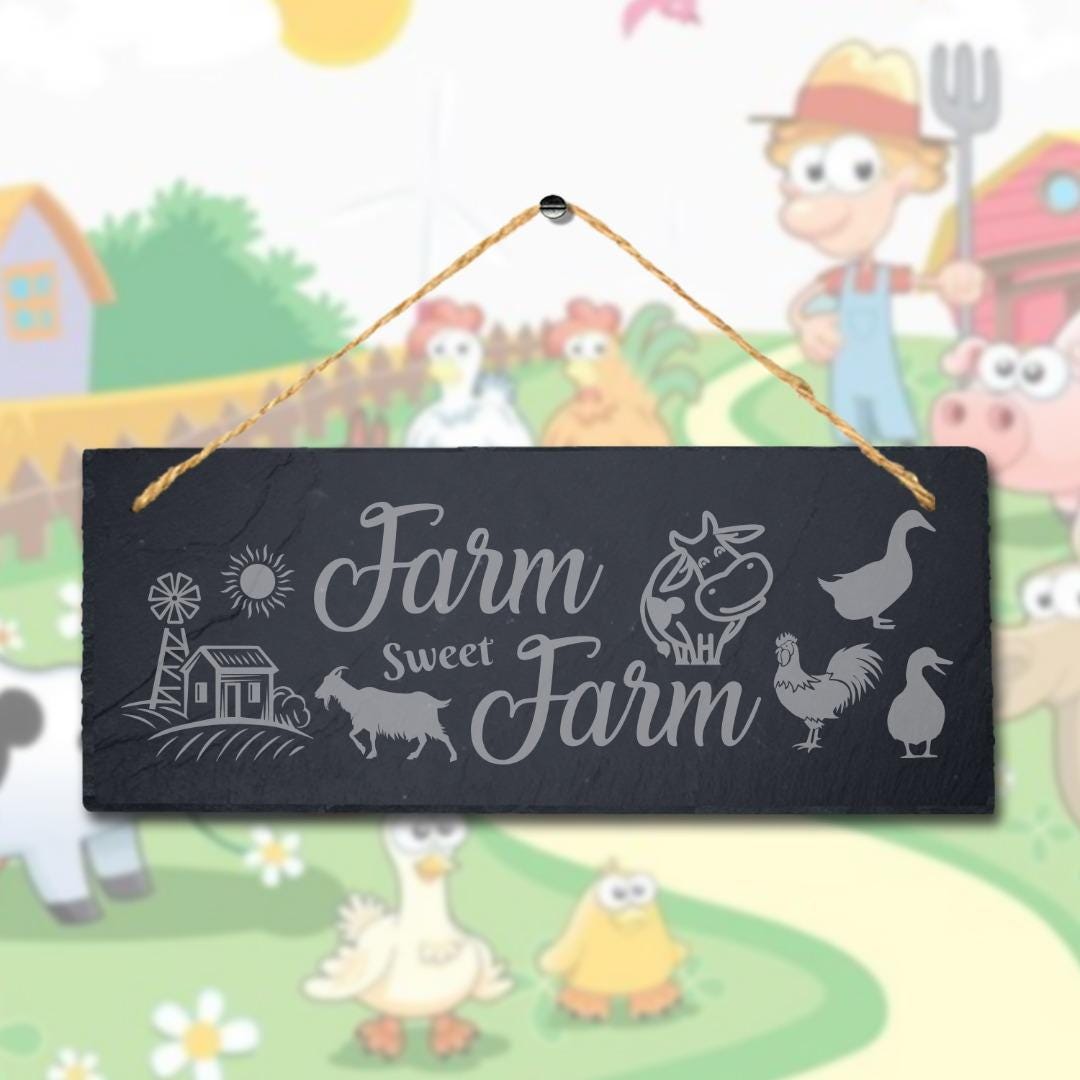 Farm Sweet Farm Laser Engraved Hanging Slate Farmhouse Decor Plaque Sign