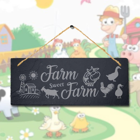 Farm Sweet Farm Laser Engraved Hanging Slate Farmhouse Decor Plaque Sign