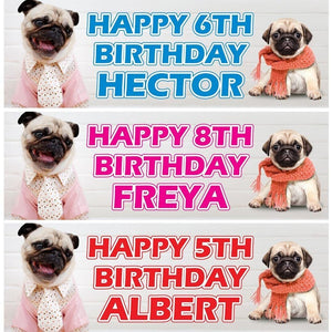 Personalised Pug Birthday Banner: Custom Dog Party Decor (Set of 2)