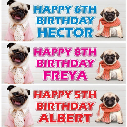 Personalised Pug Birthday Banner: Custom Dog Party Decor (Set of 2)