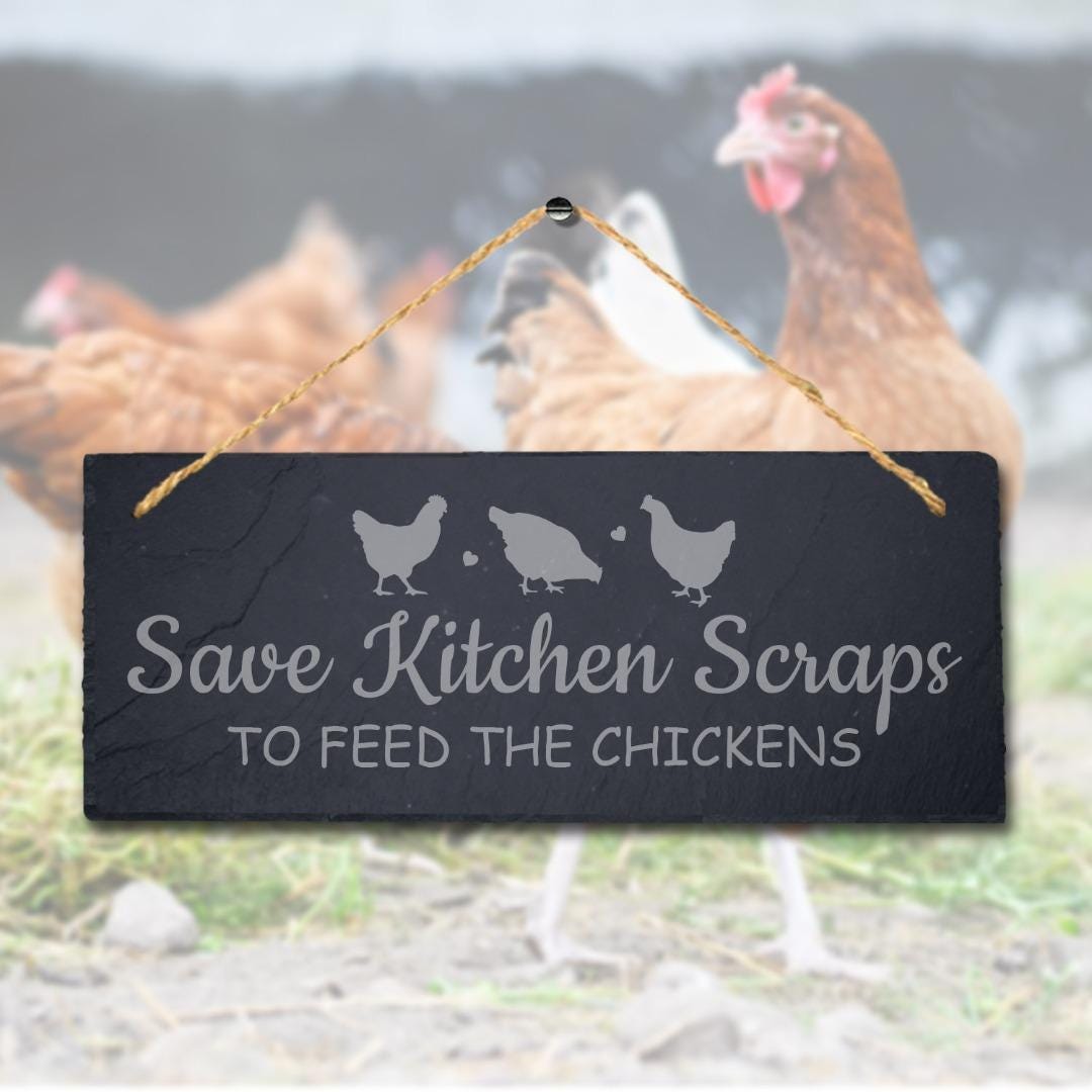 Save Kitchen Scraps To Feed The Chickens Engraved Hanging Slate Cock Plaque Sign