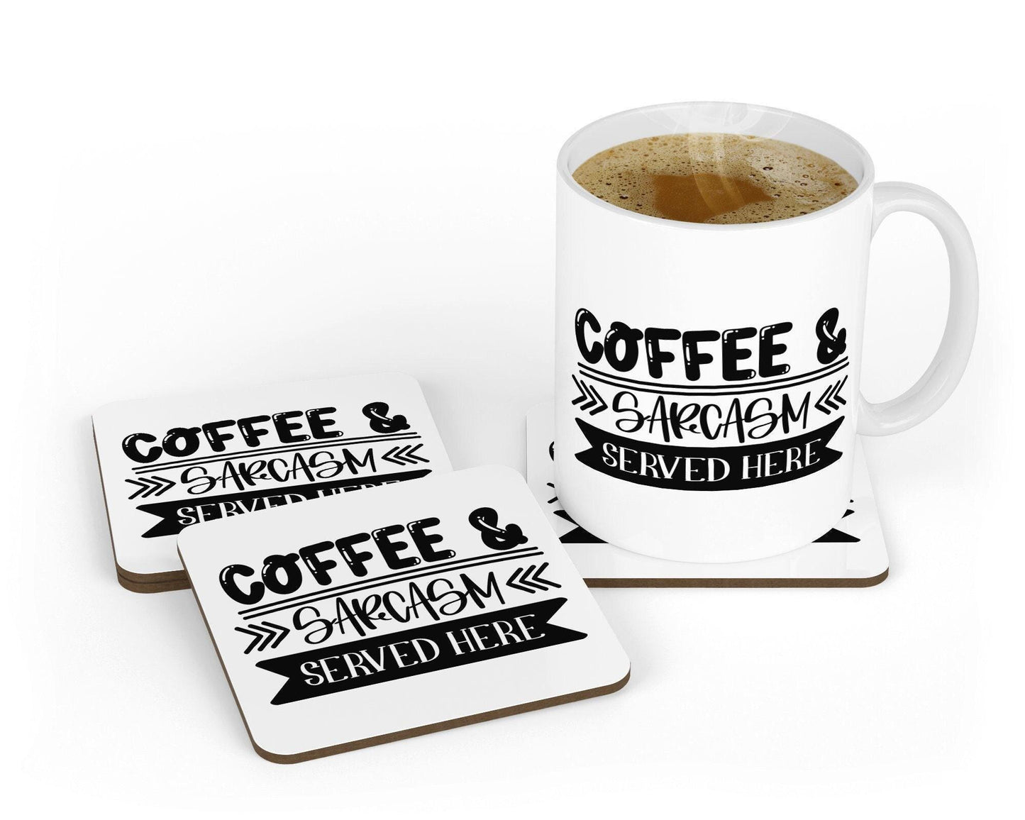 Coffee & Sarcasm Served Here - Funny Ceramic Novelty Mug And Coaster Coffee Tea Cup Gift