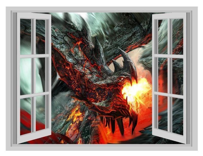 Dragon Fire Window View Wall Decal: 3D Fantasy Apocalypse Poster