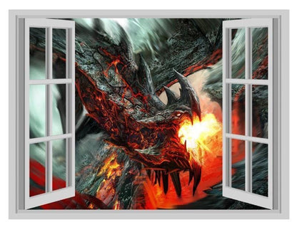 Dragon Fire Window View Wall Decal: 3D Fantasy Apocalypse Poster